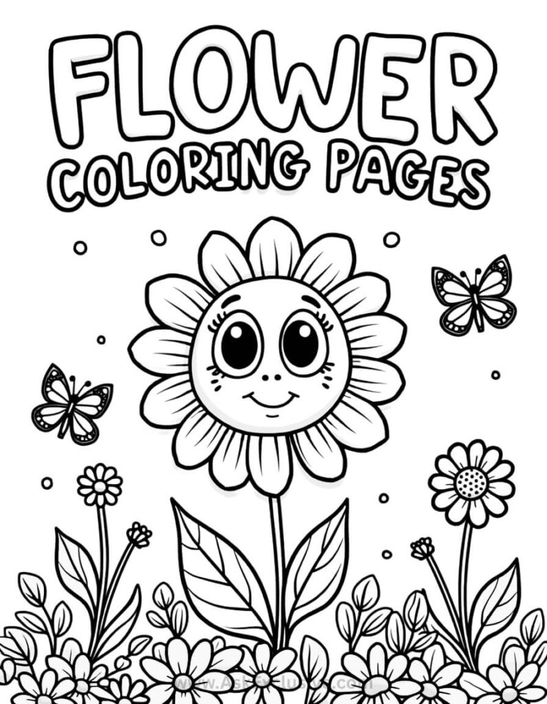 Text: Educational flower coloring pages with botanical details for kids