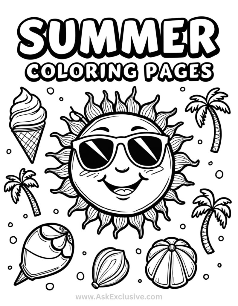 : Vibrant summer-themed coloring pages with beach and outdoor scenes for kids