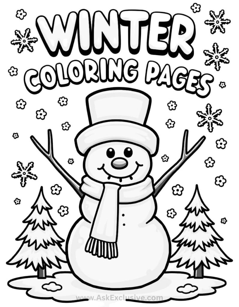 Winter-themed coloring pages with snowflakes and seasonal scenes for children