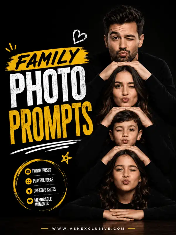 Family photo prompts guide with a warm family portrait example