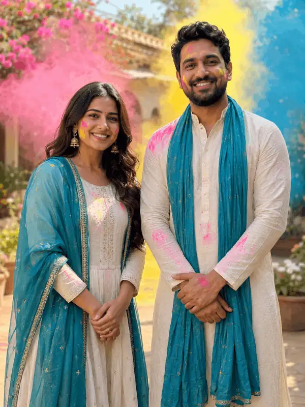 Adult Indian couple in coordinated ivory and teal outfits celebrating Holi in a sunny garden courtyard