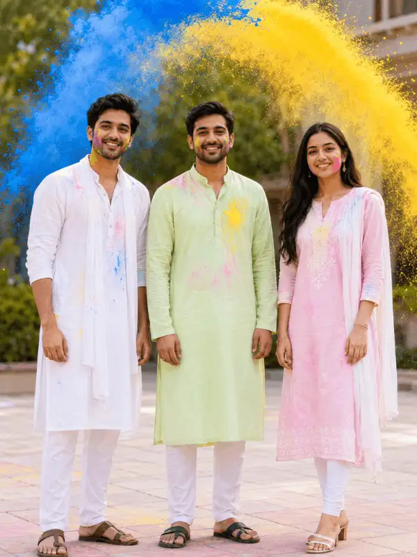Three adult Indian friends in pastel kurtas standing together with blue and yellow Holi powder behind them