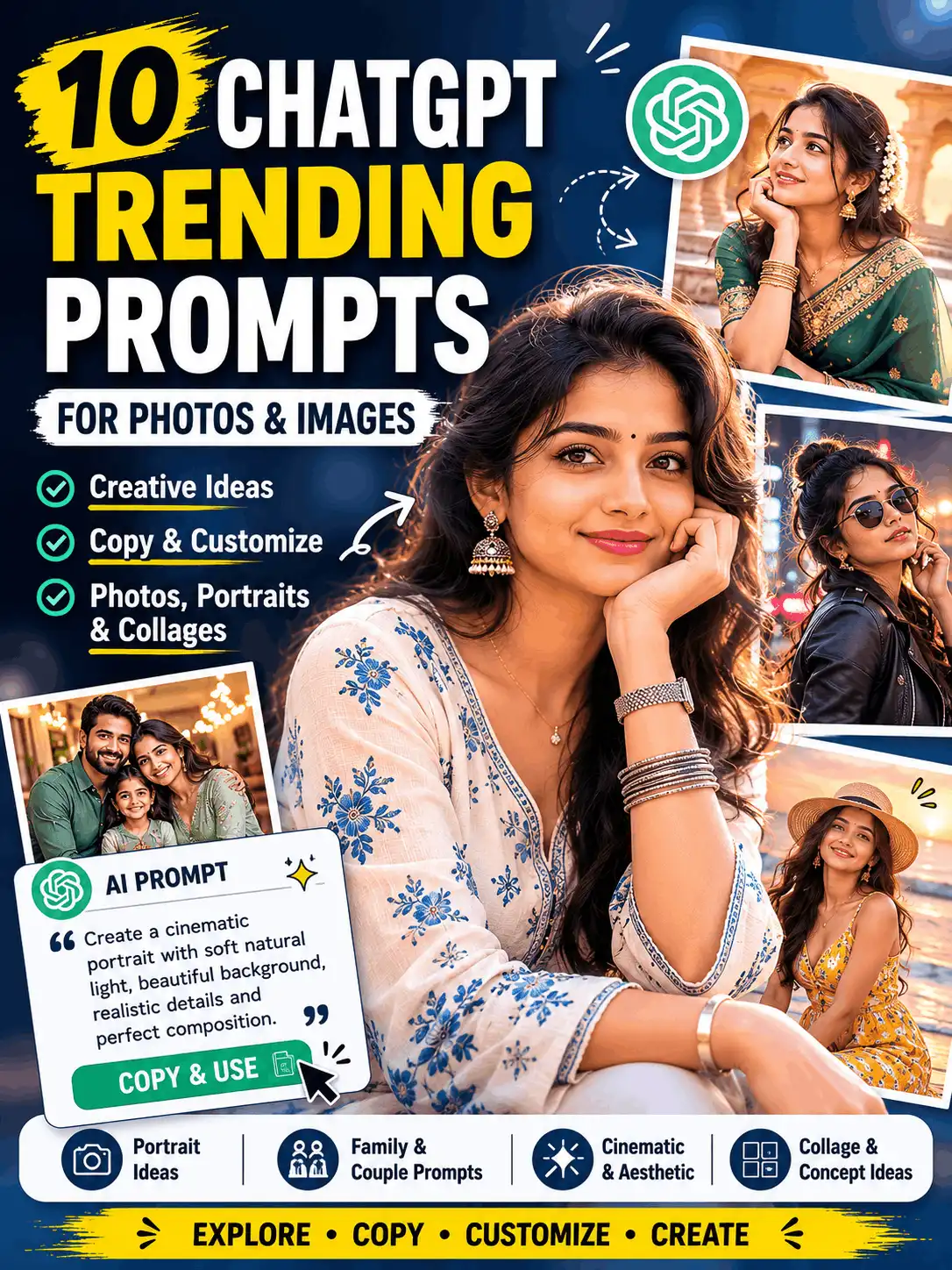 ChatGPT trending prompt examples featuring cinematic, traditional and social-media portrait ideas