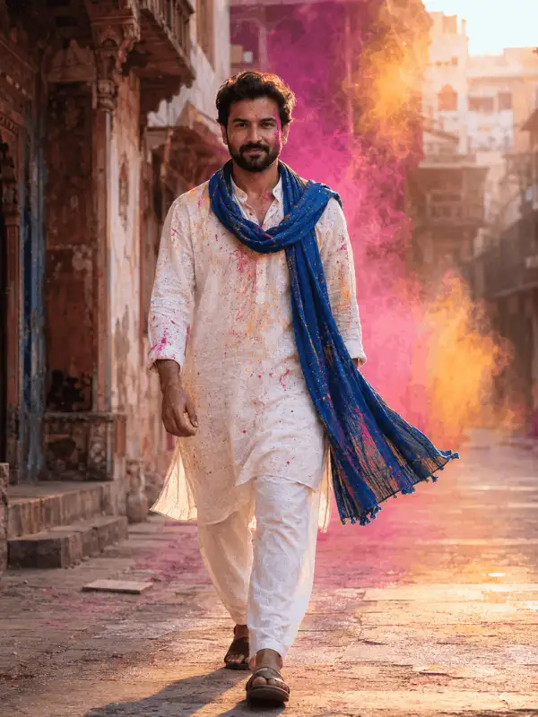 Adult Indian man in an off-white kurta and blue scarf walking through an old-city lane during Holi at sunset
