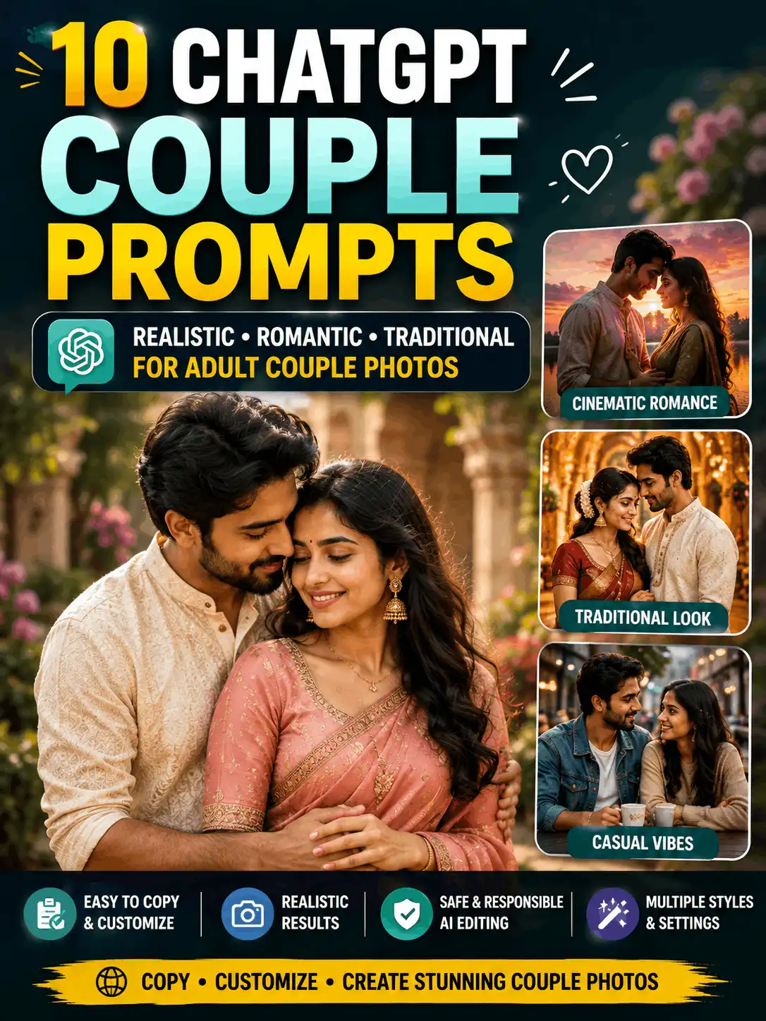 Realistic adult Indian couple portrait created using a Couple Prompt ChatGPT example