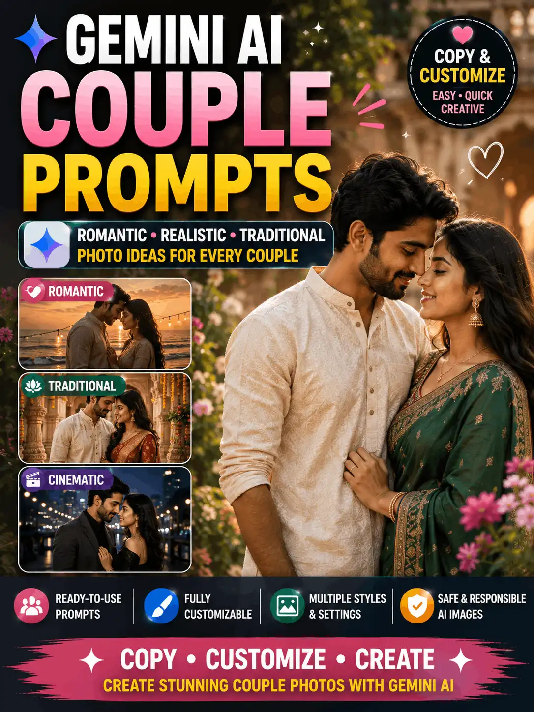 Romantic adult Indian couple illustrating customizable couple prompts for Gemini AI