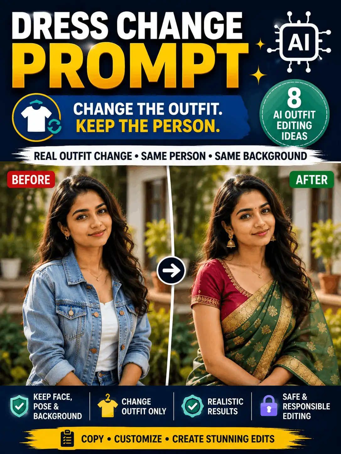 Before-and-after adult portrait demonstrating a realistic dress change prompt