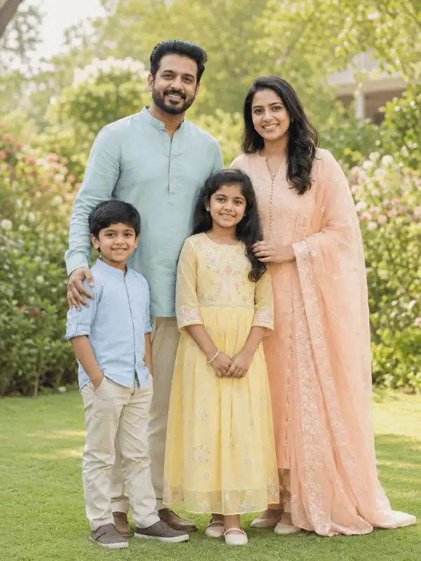 AI-generated Indian family portrait created from the displayed prompt