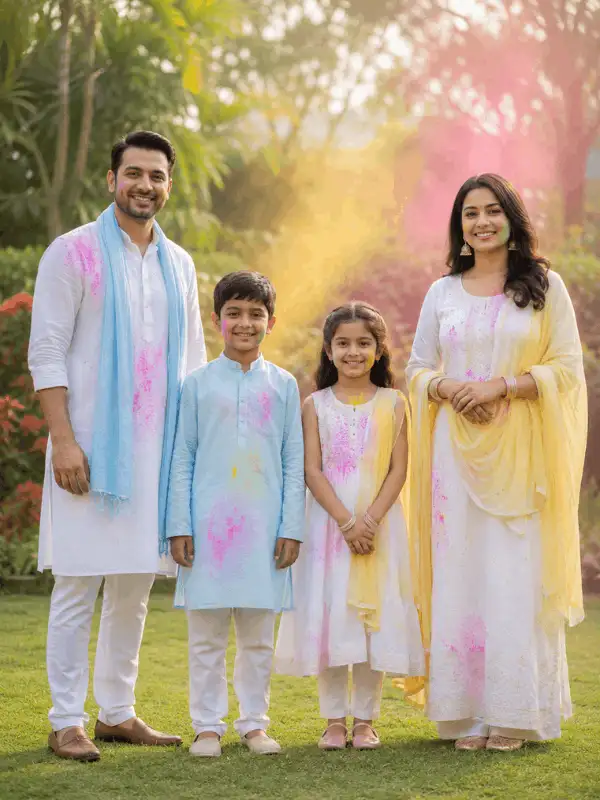 Indian family of four in white, pale-blue and yellow clothing standing together in a garden during Holi