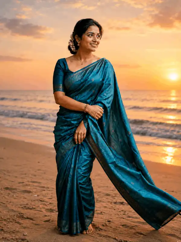 Before-and-after full-length portrait with a creative beach background replacement