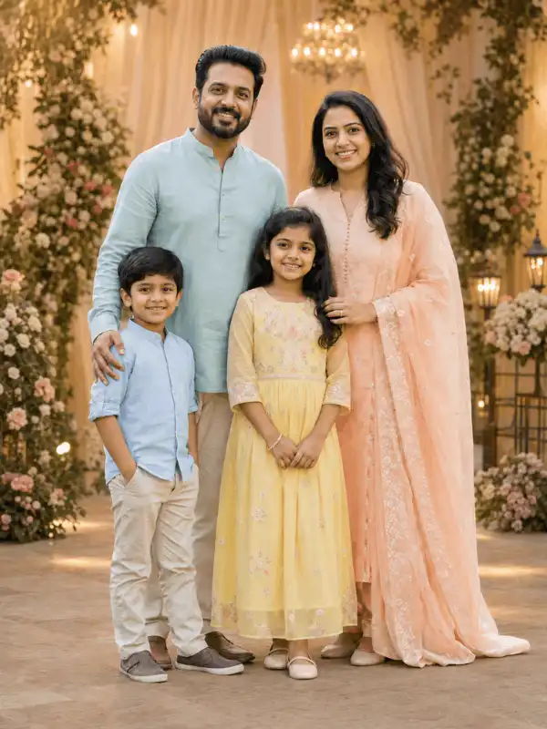 Before-and-after adult couple or family image with a decorated celebration background