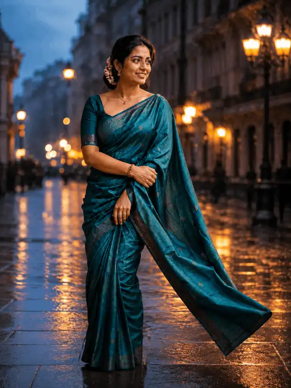 Before-and-after adult portrait with a cinematic city-night background replacement