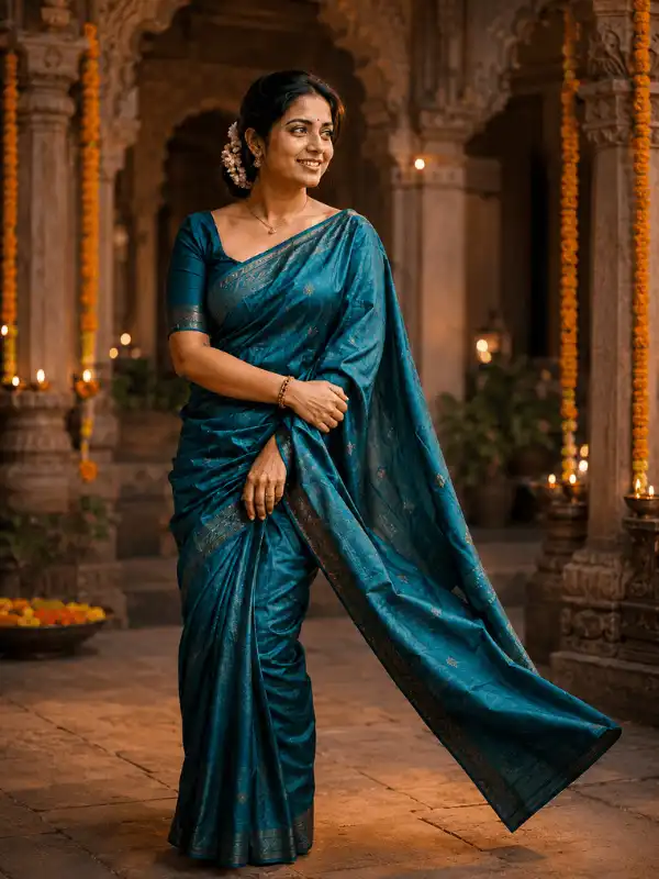 Before-and-after traditional adult portrait with a heritage courtyard background