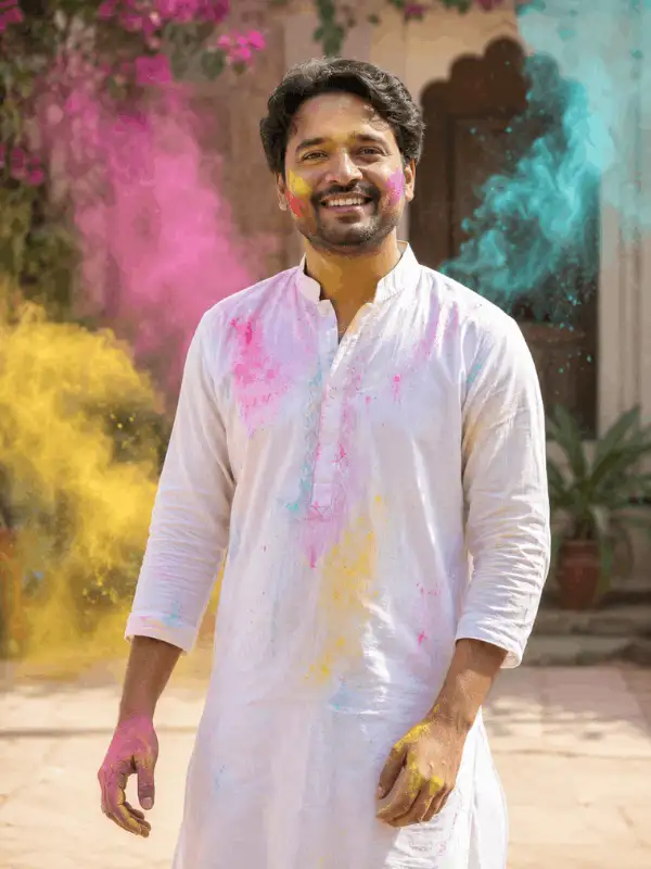 Adult Indian man in a white kurta celebrating Holi with pink, yellow and turquoise gulal in a garden courtyard