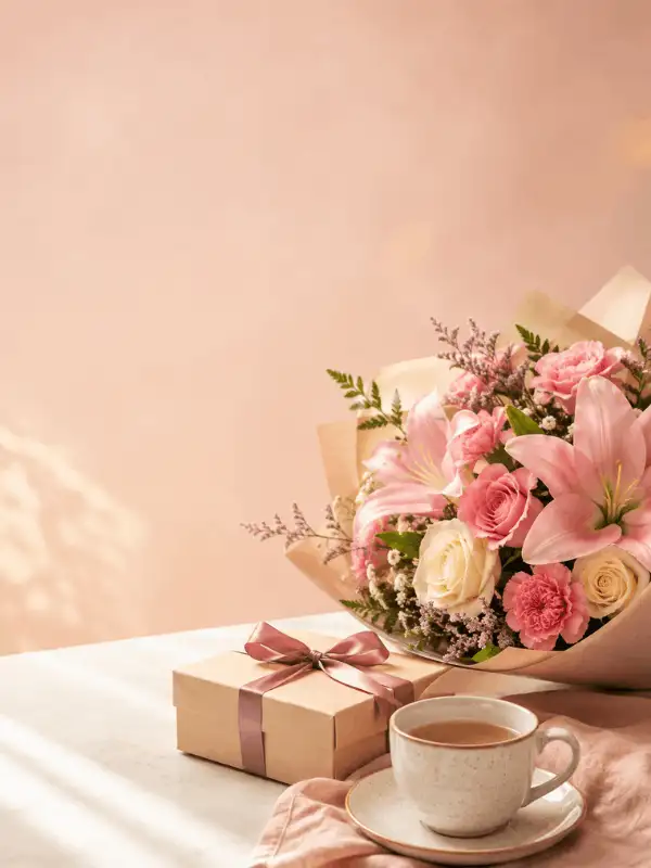 Pink and cream flowers with a wrapped gift and ceramic teacup on a warm-white Mother’s Day background
