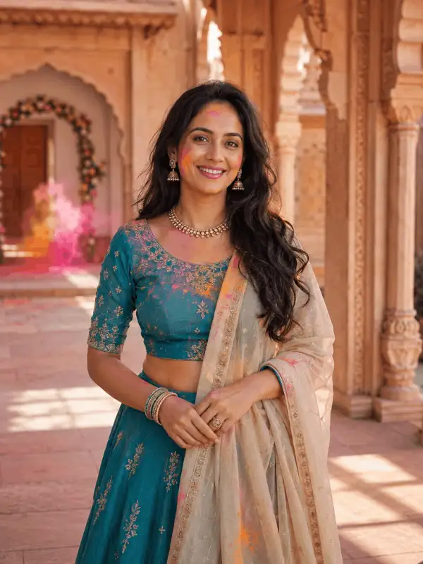 Adult Indian woman in a teal lehenga and ivory dupatta celebrating Holi in a sandstone courtyard