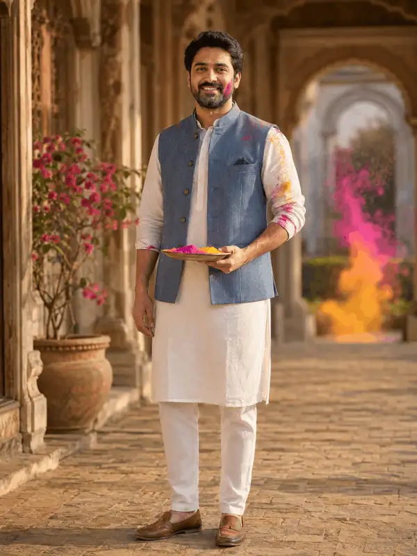 Adult Indian man wearing a cream kurta and blue Nehru jacket while holding dry gulal in a heritage courtyard