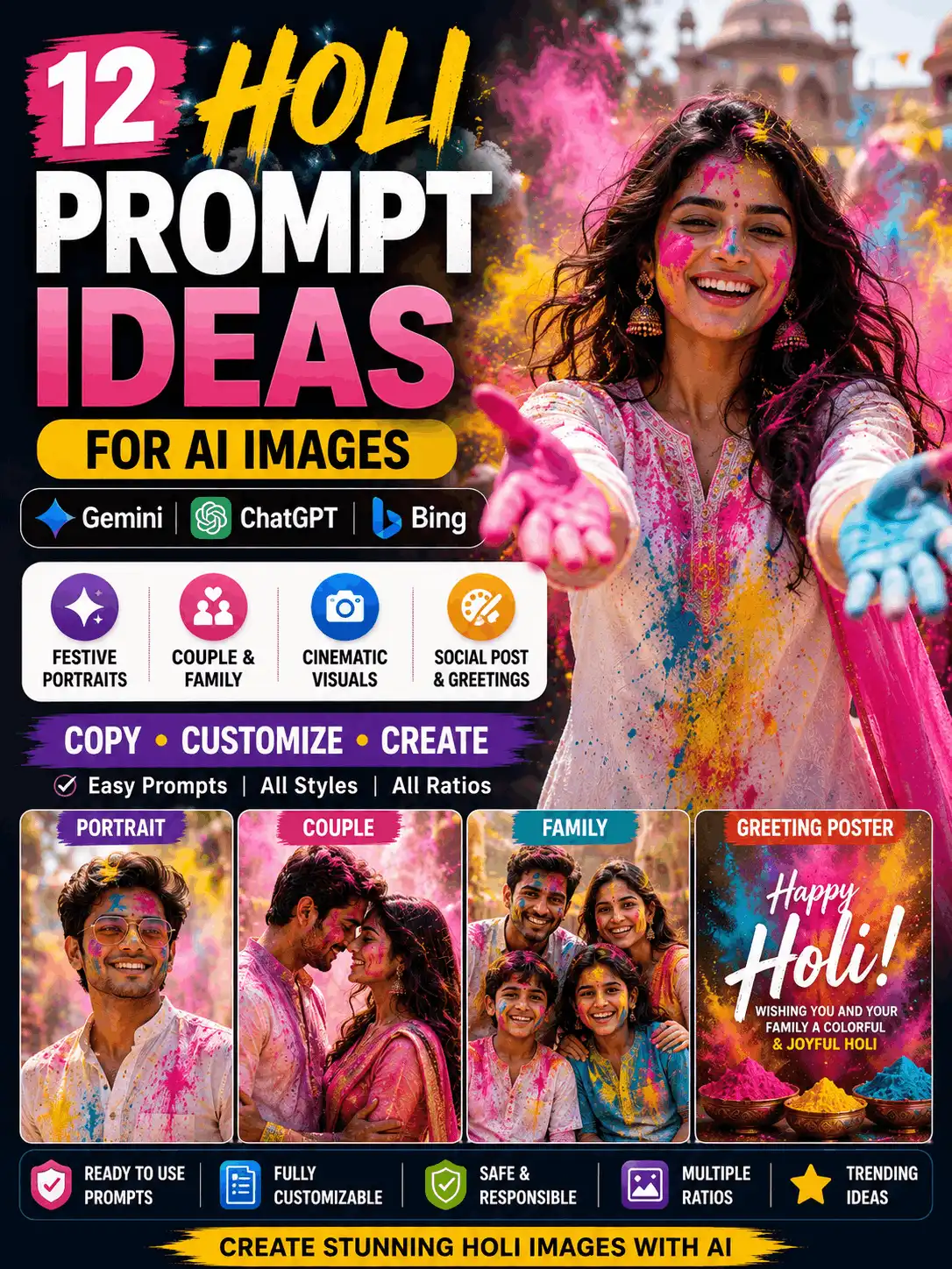 Holi prompt ideas featuring a colorful Indian festival portrait with controlled gulal