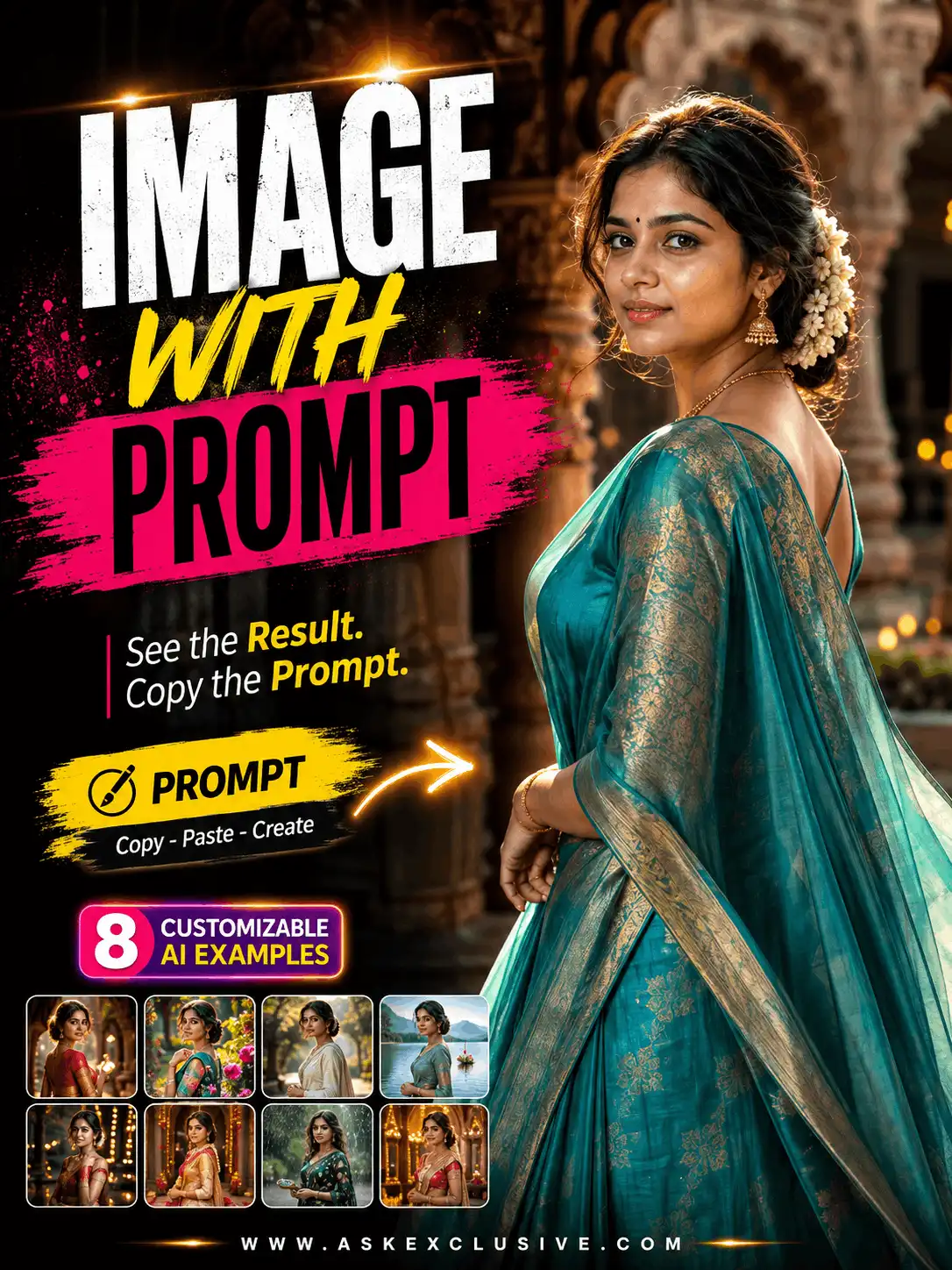 AI-generated image with prompt examples showing realistic, traditional and cinematic portrait results