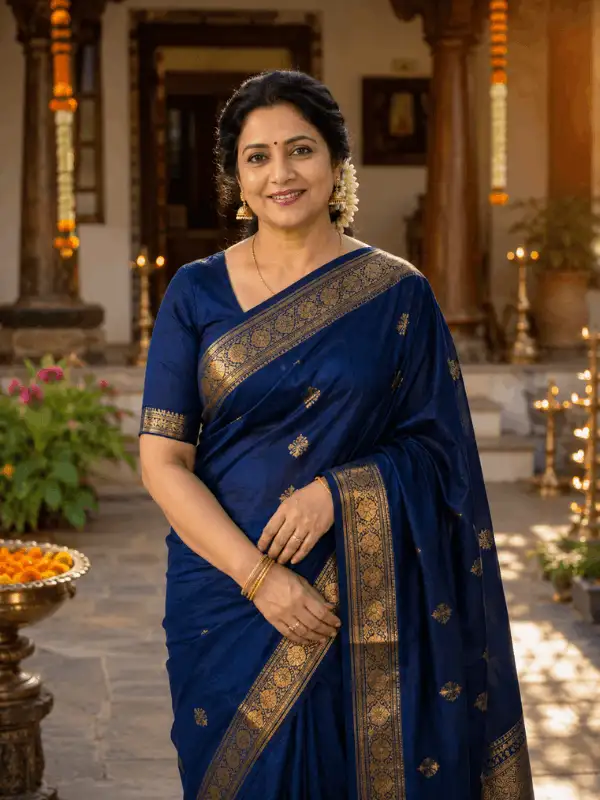 Adult Indian mother in a blue silk saree standing in a heritage-style home courtyard with flowers and lamps