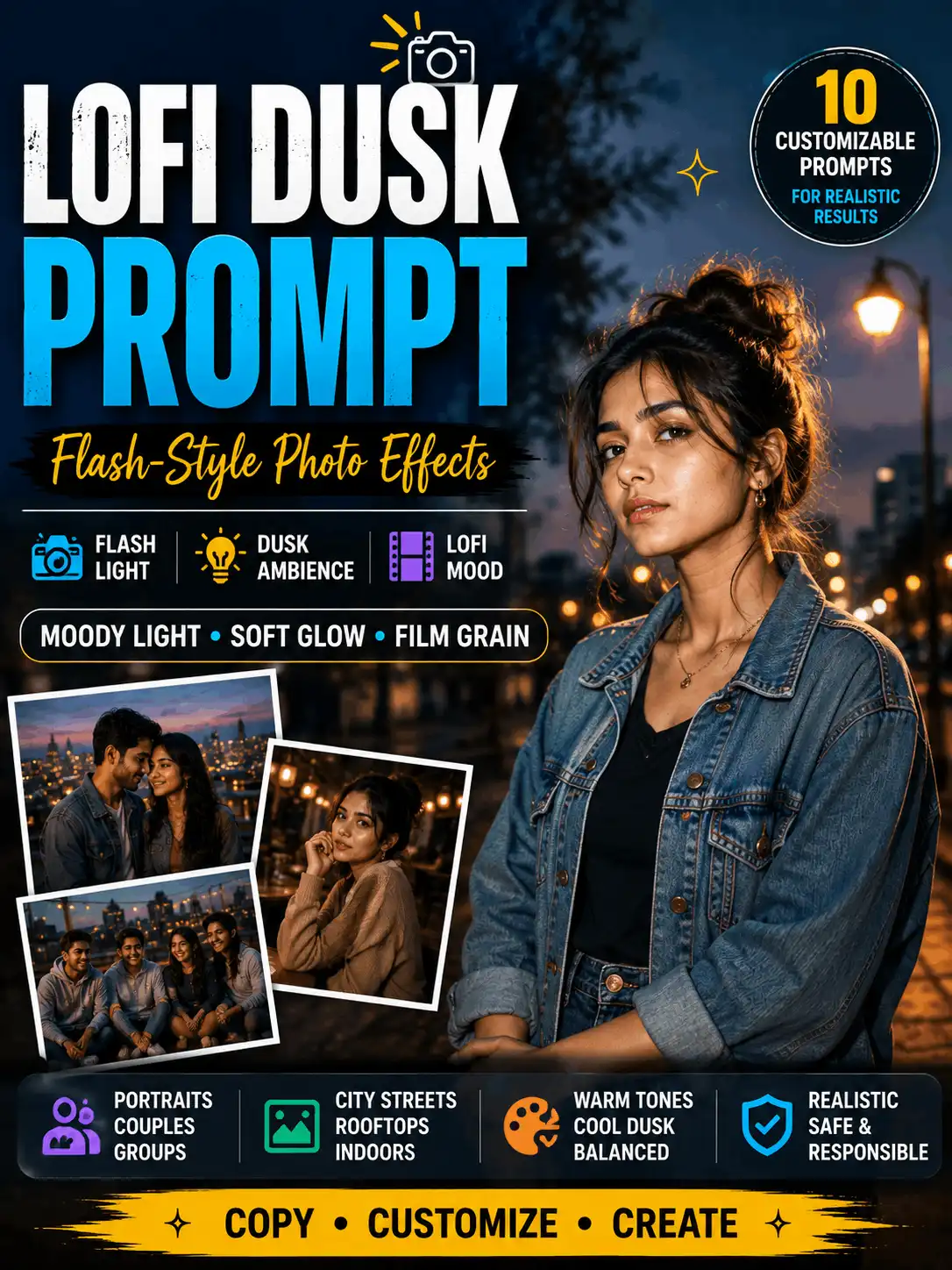 Lofi dusk prompt example showing a flash-lit portrait with a dark readable evening background