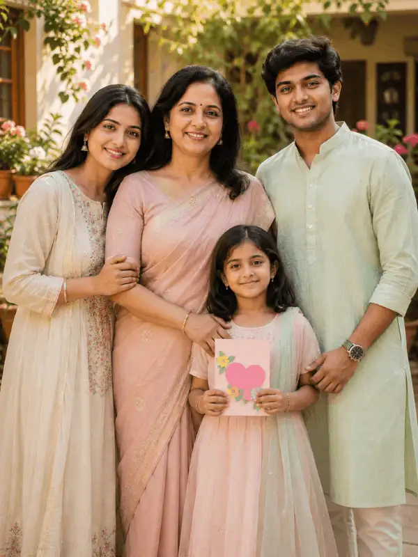 Indian mother standing with an adult daughter, adult son and school-age child in a bright garden courtyard