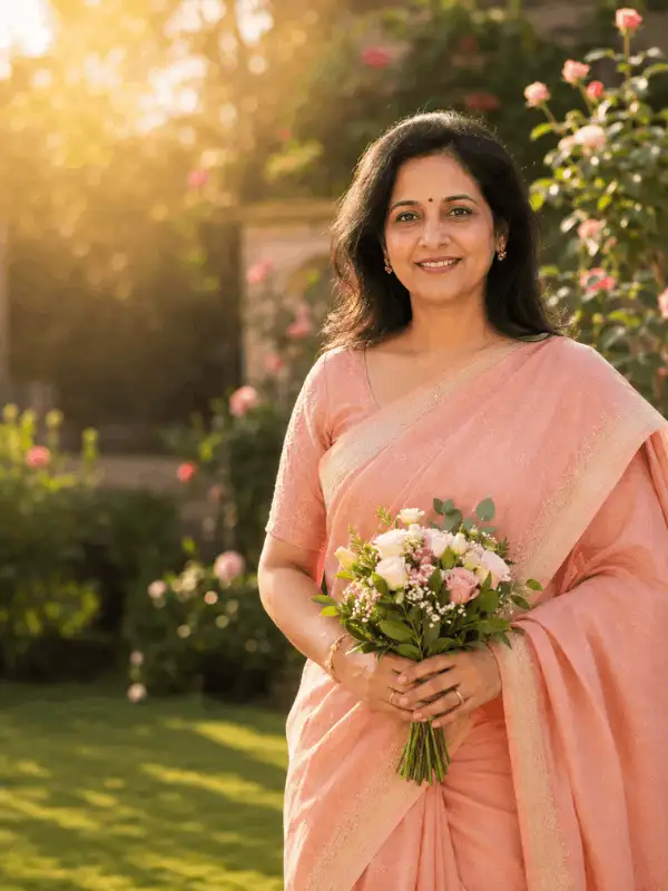Adult Indian mother in a peach saree holding a flower bouquet in a peaceful garden at golden hour