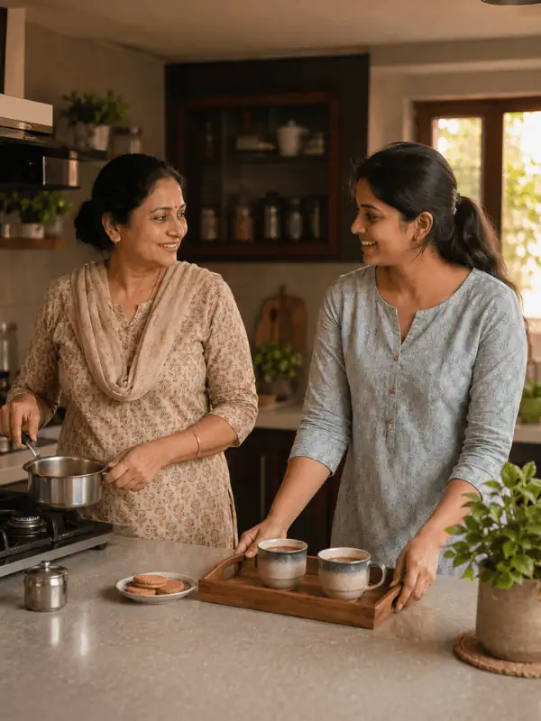 Adult Indian mother preparing tea with her adult daughter in a warm modern home kitchen