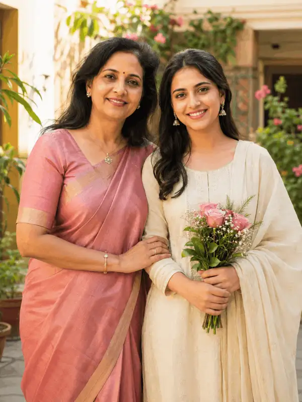 Adult Indian mother in a rose saree standing with her adult daughter holding flowers in a bright home courtyard