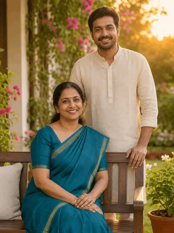 Indian mother in a teal saree seated beside her adult son in a cream kurta on a garden veranda