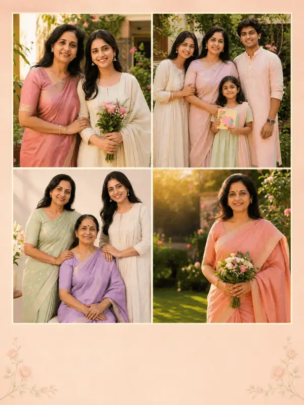 Four permitted family photographs arranged in a two-by-two Mother’s Day collage with cream borders
