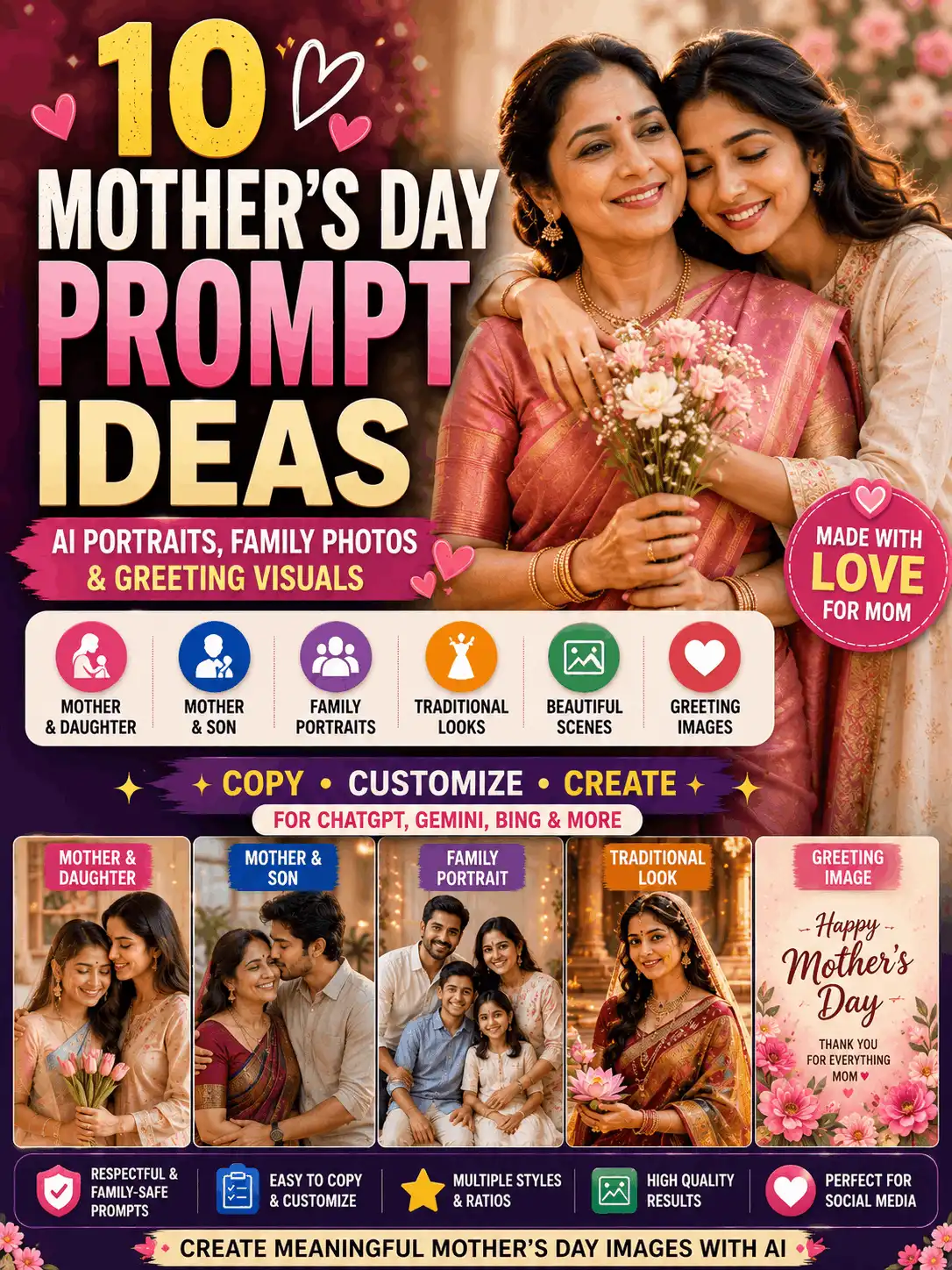 Mother’s Day prompt ideas for mother-daughter, mother-son, family and greeting images