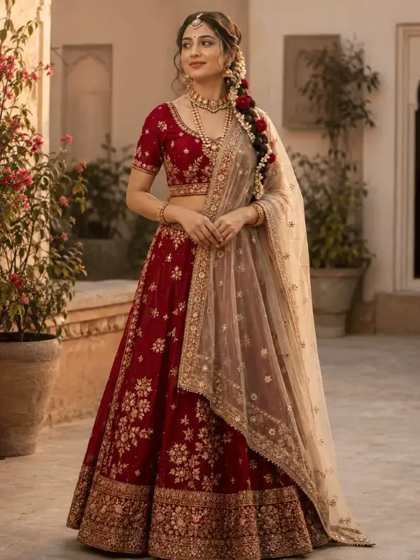 Radha Rani-inspired adult Indian woman in a crimson lehenga standing in a flower-decorated garden courtyard