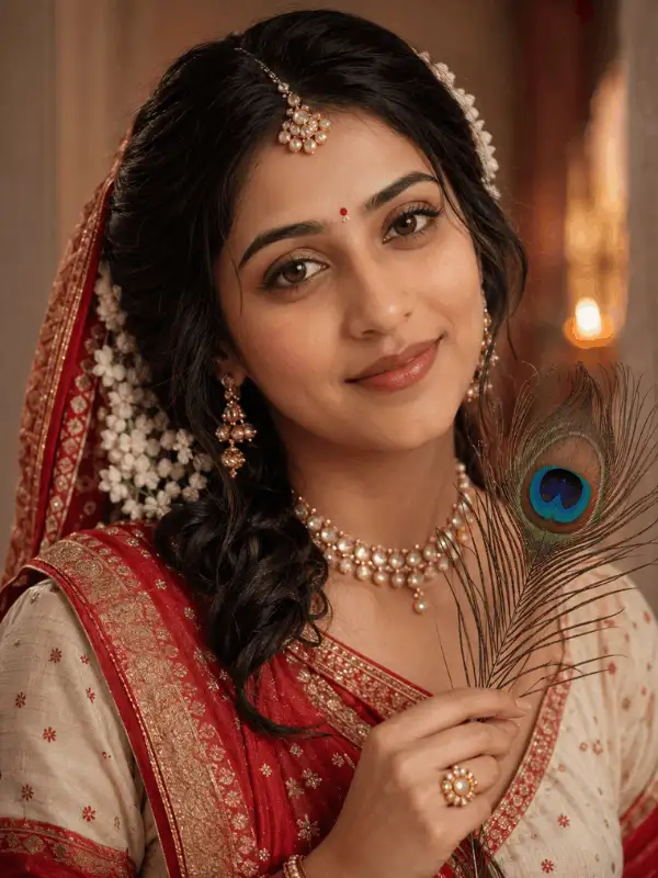 Close Radha Rani-inspired portrait of an adult Indian woman holding a peacock feather below her face