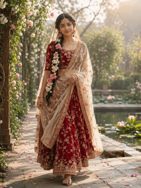 Radha Rani-inspired adult Indian woman walking through a flower garden in a red lehenga and cream dupatta
