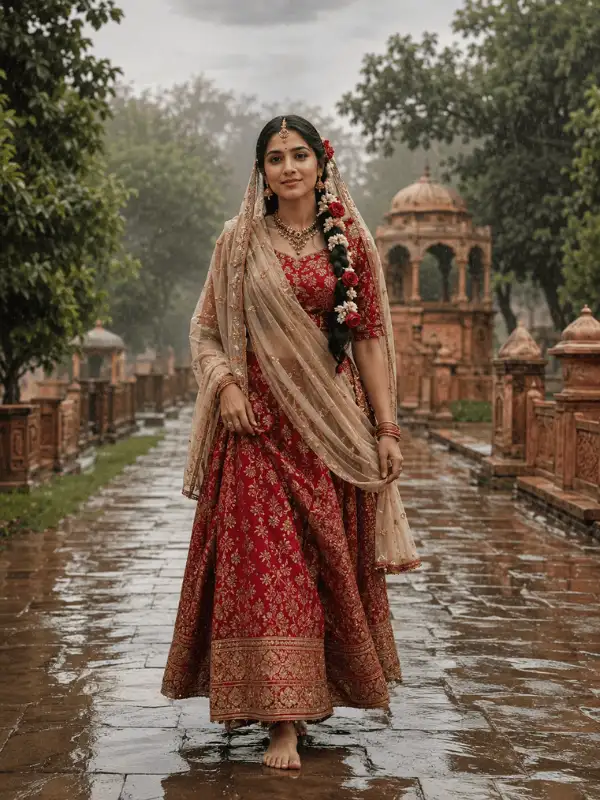 Radha Rani-inspired adult Indian woman walking on a rain-washed pathway in a crimson lehenga and cream dupatta