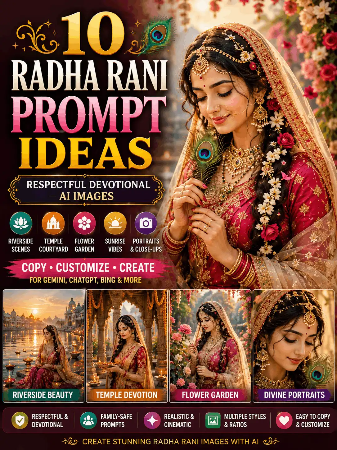 Radha Rani prompt ideas showing riverside, temple, garden and devotional portrait styles