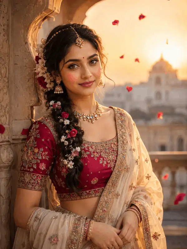 Radha Rani-inspired adult Indian woman in a ruby lehenga posing beside a carved palace balcony arch at sunset