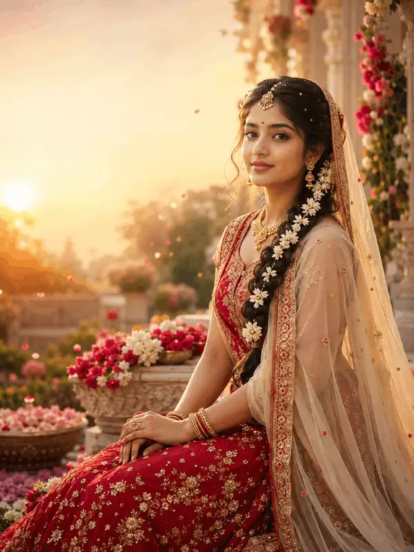 Radha Rani-inspired adult Indian woman in a red lehenga standing in a flower-decorated courtyard with headline space