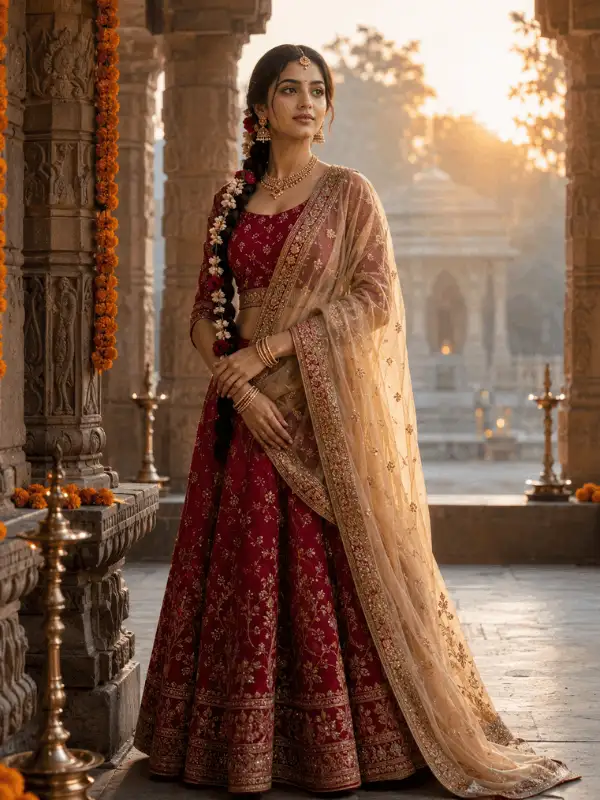 Radha Rani-inspired adult Indian woman in a ruby-red lehenga standing between carved sandstone pillars at sunrise