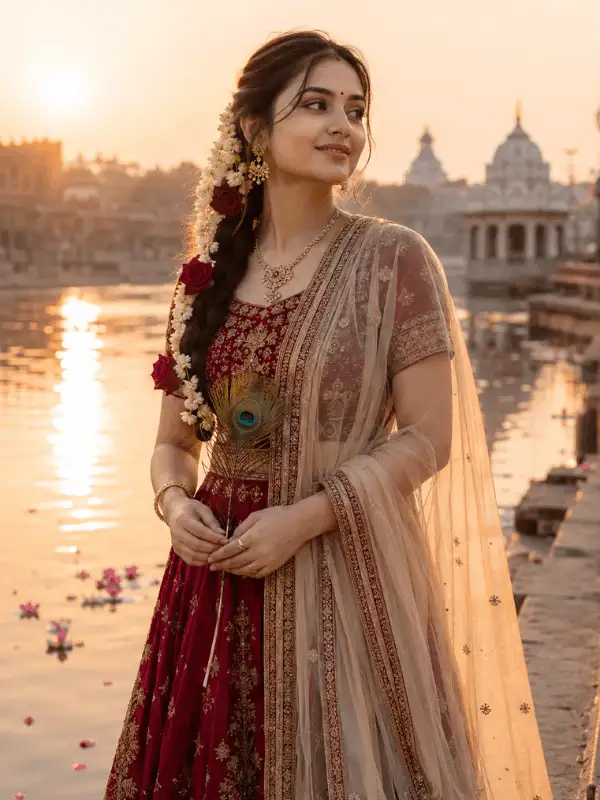 Radha Rani-inspired adult Indian woman in a crimson lehenga standing beside a peaceful riverside at golden hour