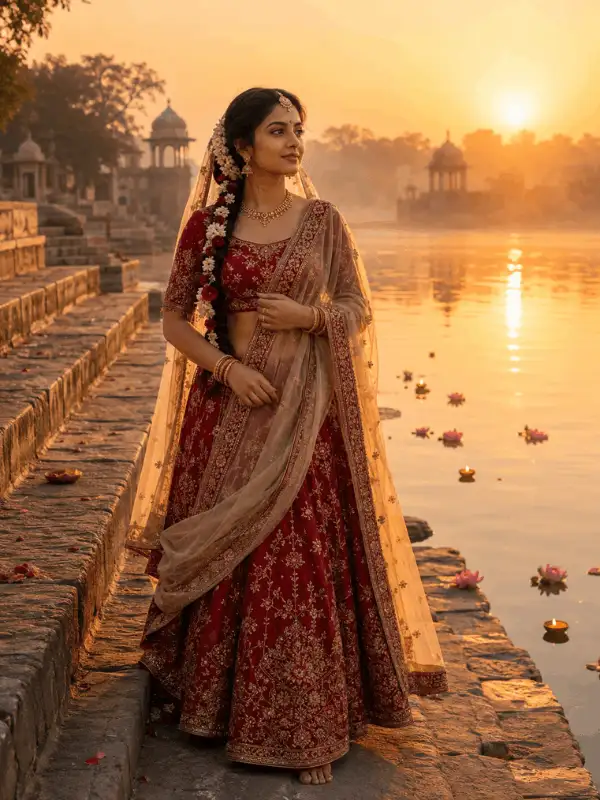 Radha Rani-inspired adult Indian woman standing on riverside ghat steps with lotus flowers and sunrise reflections