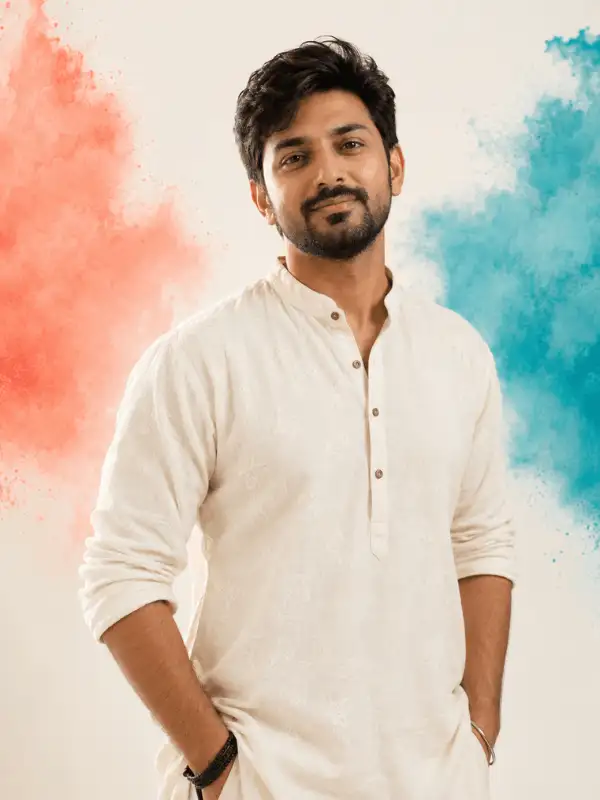 Adult Indian subject in a cream outfit between coral and turquoise Holi powder clouds in a studio