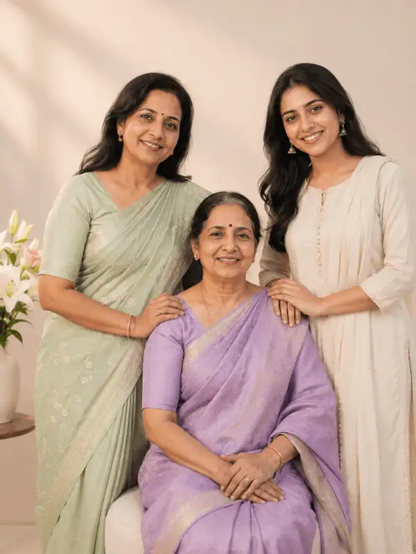 Indian grandmother seated between her adult daughter and adult granddaughter in a bright portrait studio