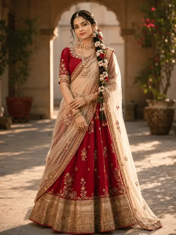 Radha Rani-inspired adult Indian woman in a crimson lehenga and cream-beige dupatta standing in a quiet courtyard